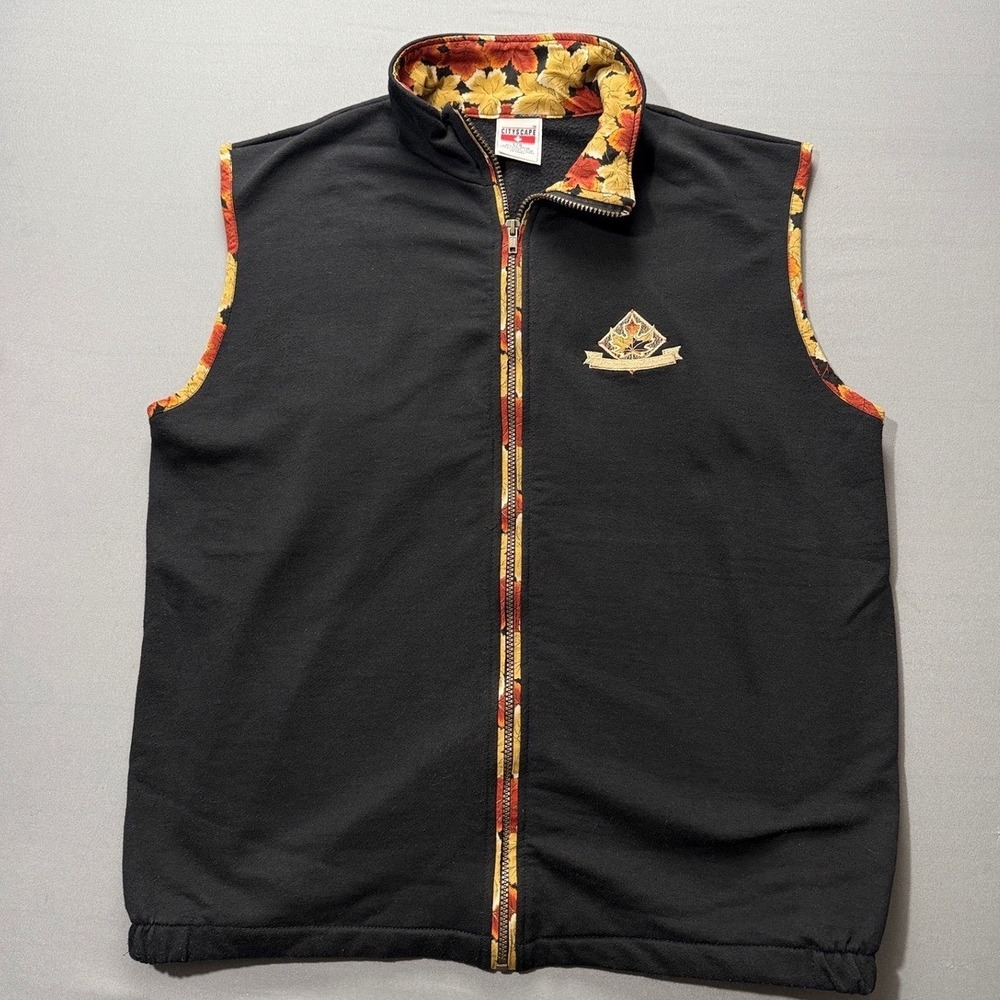 Cityscape Black Floral Print‎ Trim Zip Vest Size Large Sleeveless Casual